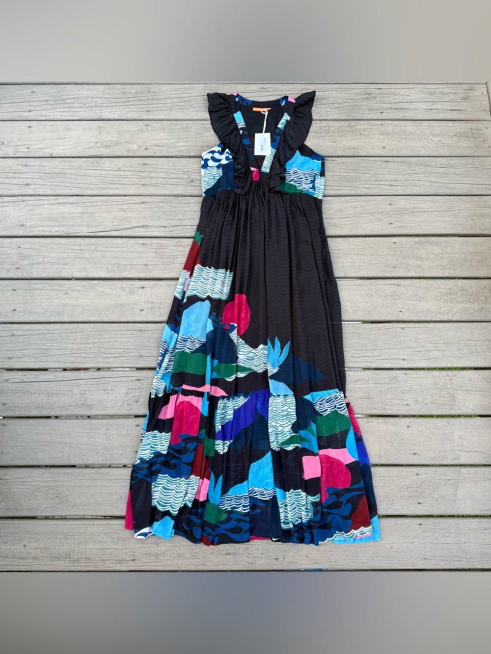 NWT Oliphant Ruffle V-Neck Maxi Dress in Pacifica Waves Print Size M - Picture 2 of 15